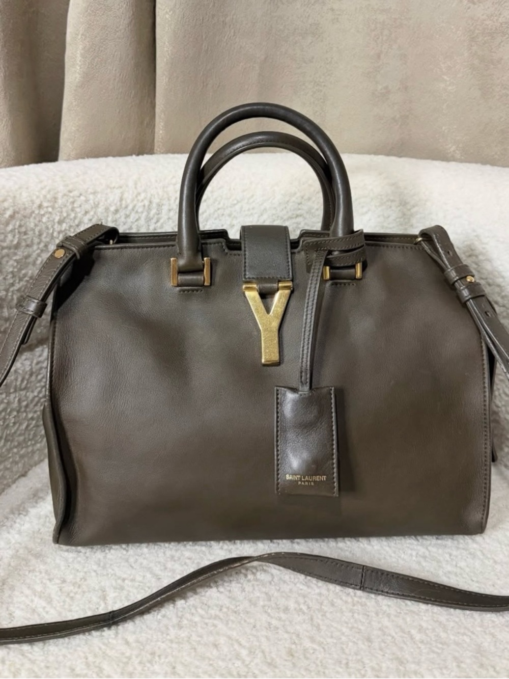 Yves Saint Laurent Olive Brown Leather Satchel with Gold Y Accent